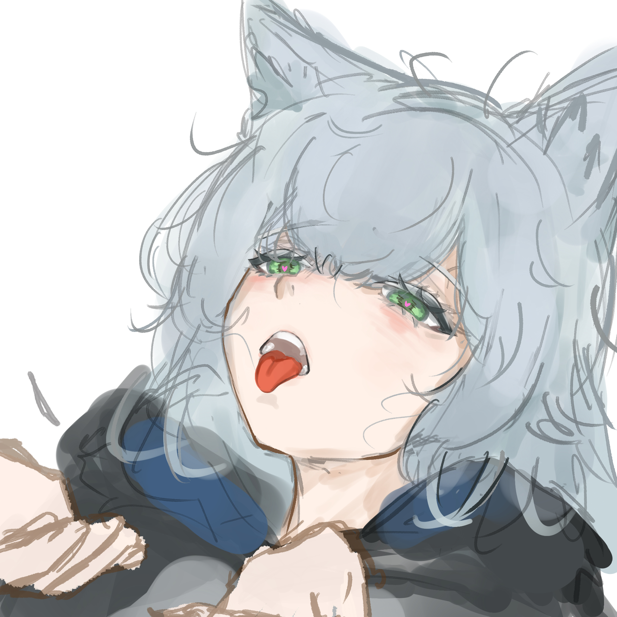 l5mon meng, rosmontis (arknights), arknights, highres, variant set, 1girl, animal ear fluff, animal ears, black hoodie, cat ears, cat girl, curly hair, green eyes, grey hair, half-closed eyes, hands up, heart, heart-shaped pupils, hood, hoodie, long hair, open mouth, simple background, sketch, solo, symbol-shaped pupils, teeth, tongue, tongue out, white background