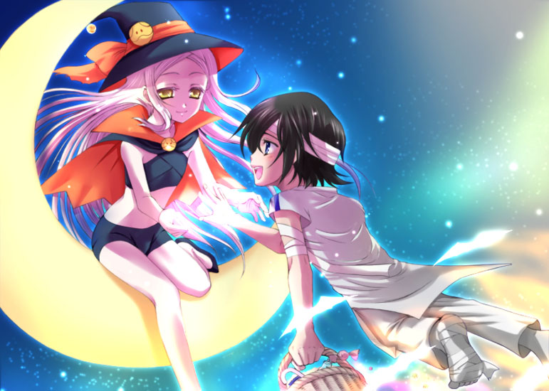 sasano shiki, allelujah haptism, haro, soma peries, gundam, gundam 00, bad id, bad pixiv id, 00s, halloween, hat, moon, witch hat