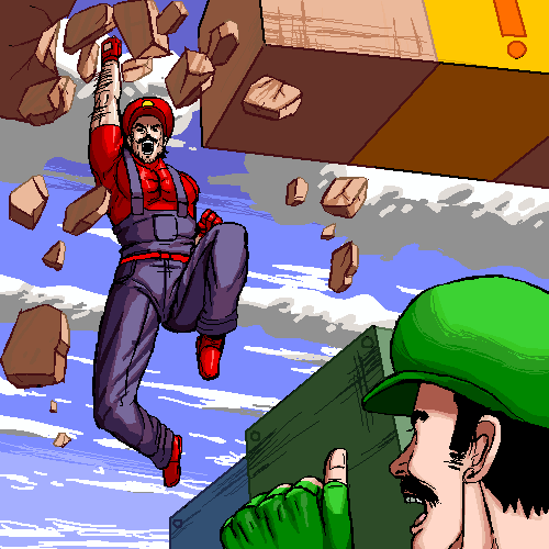 kouno (masao), luigi, mario, mario (series), nintendo, super mario bros. 1, bad id, bad pixiv id, lowres, 2boys, brothers, gameplay mechanics, male focus, manly, multiple boys, muscular, oekaki, shouryuuken, siblings, uppercut