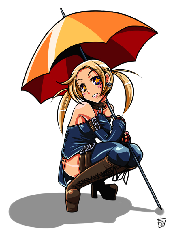 shimizukaeru, original, bad id, bad pixiv id, blonde hair, boots, solo, thighhighs, umbrella