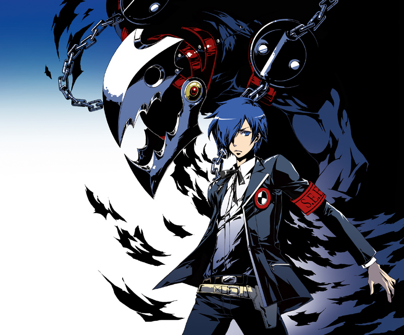 starstar4, sushi bakufu, thanatos (persona), yuuki makoto (persona 3), atlus, persona, persona 3, bad id, bad pixiv id, armband, blue eyes, blue hair, hair over one eye, male focus, school uniform, serafuku, solo