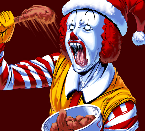 kouno (masao), ronald mcdonald, kfc, mcdonald's, bad id, bad pixiv id, 1boy, afro, ahegao, bird, chicken, chicken (food), food, hat, male focus, open mouth, rolling eyes, solo, tongue, what