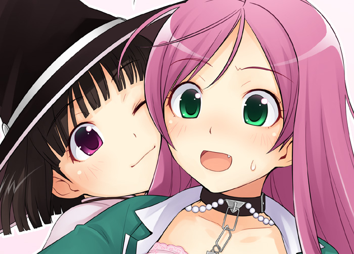 ha-ru, akashiya moka, sendou yukari, rosario+vampire, bad id, bad pixiv id, 00s, 2girls, black hair, bob cut, fang, green eyes, hat, multiple girls, one eye closed, pink hair, portrait, short hair, sweat, wink