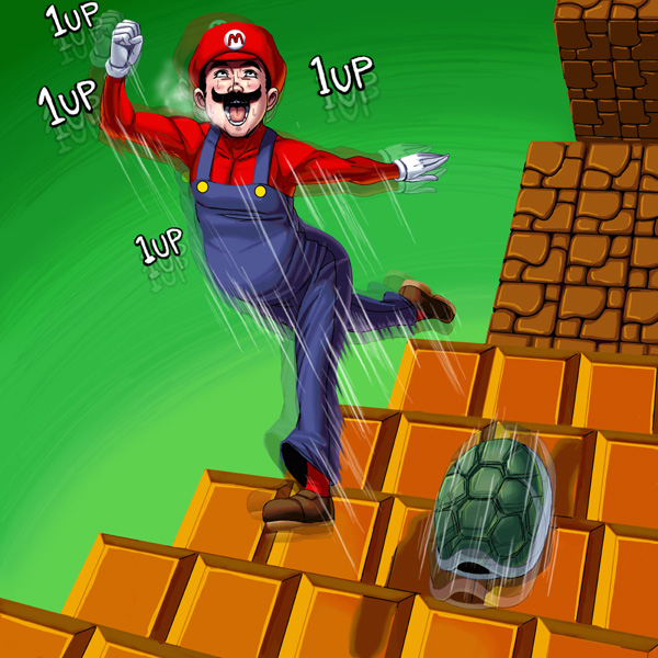 kouno (masao), koopa troopa, mario, mario (series), nintendo, super mario bros. 1, bad id, bad pixiv id, 1boy, 1up, ahegao, blush, facial hair, gameplay mechanics, gloves, hat, infinite 1up, jumping, male focus, muscular, mustache, overalls, realistic, shell, shell retraction, solo, sweat, tongue, turtle