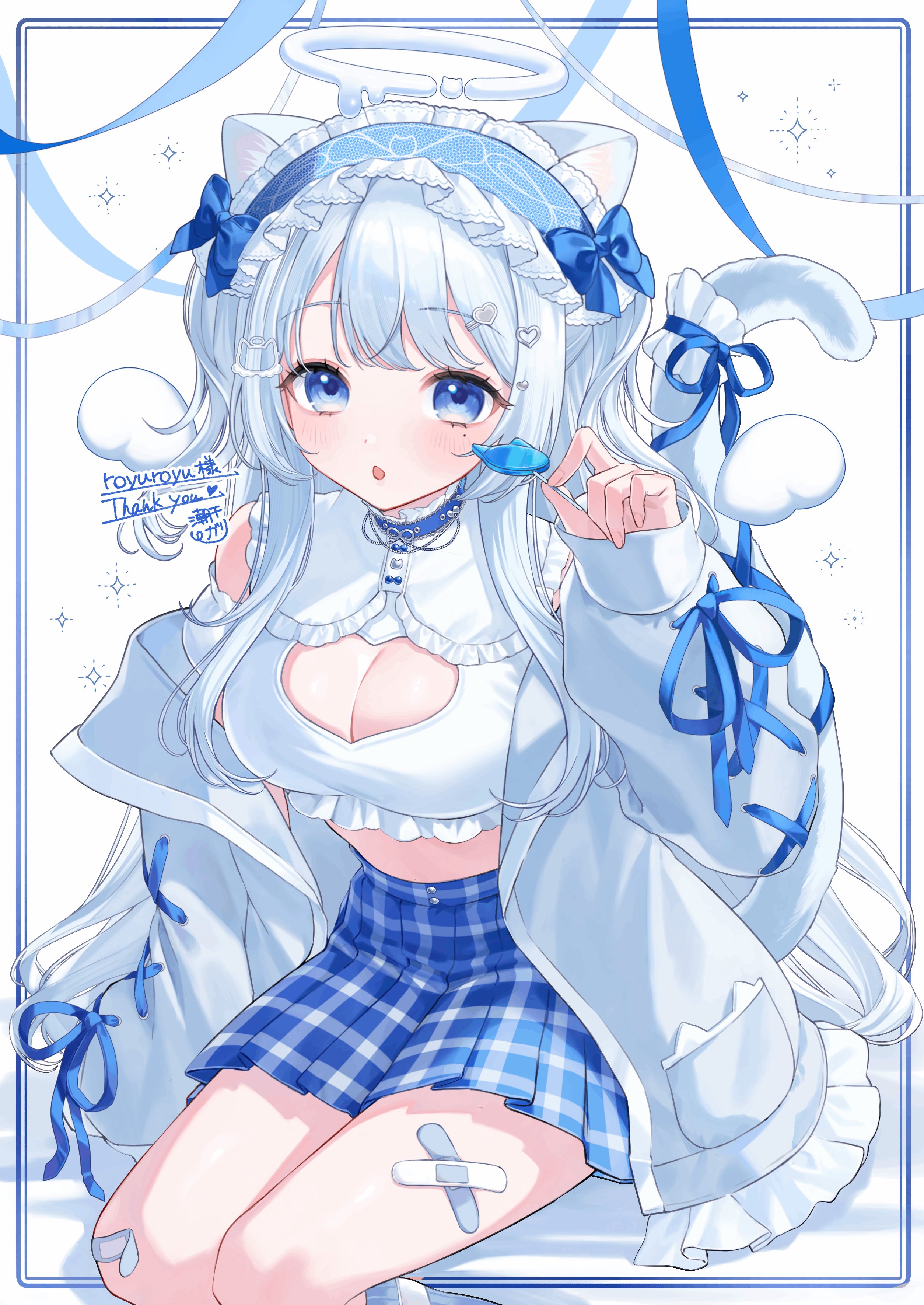 shiohi gari, indie virtual youtuber, absurdres, highres, 1girl, animal ears, bandaid, bandaid on knee, bandaid on leg, bare shoulders, blue choker, blue eyes, blue skirt, breasts, candy, cat ears, cat girl, cat tail, choker, cleavage, cleavage cutout, clothing cutout, crop top, detached sleeves, food, frilled shirt collar, frills, halo, hand up, headdress, heart cutout, holding, holding candy, holding food, holding lollipop, jacket, large breasts, lollipop, long hair, looking at viewer, midriff, miniskirt, mole, mole under eye, nekone uyu, off shoulder, open clothes, open jacket, open mouth, plaid clothes, plaid skirt, pleated skirt, shirt, short sleeves, sitting, skirt, sleeveless, sleeveless shirt, solo, tail, two side up, very long hair, virtual youtuber, white hair, white jacket, white shirt