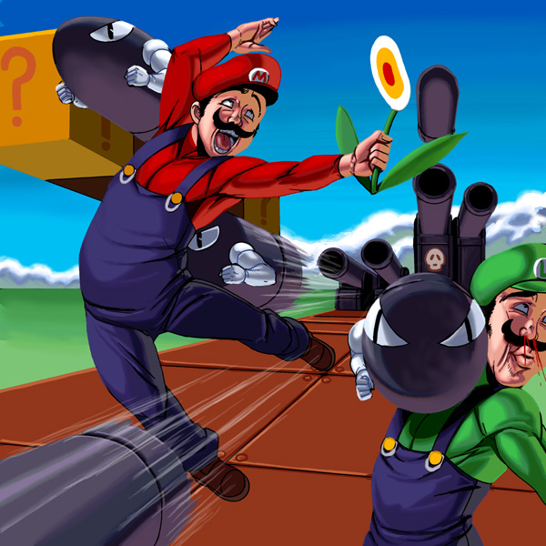 kouno (masao), bill blaster, bullet bill, luigi, mario, mario (series), nintendo, super mario bros. 1, bad id, bad pixiv id, 2boys, ? block, block (object), blood, brothers, cloud, facial hair, fire flower, hat, injury, jumping, landscape, male focus, milestone celebration, multiple boys, mustache, nosebleed, outdoors, overalls, realistic, siblings, skull, sky, suspenders
