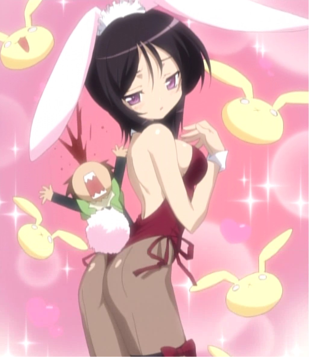 eneus, magician's academy, anime screenshot, stitched, third-party edit, 00s, animal ears, ass, black hair, blood, blush, fake animal ears, nosebleed, pantyhose, playboy bunny, purple eyes, rabbit ears, short hair, solo