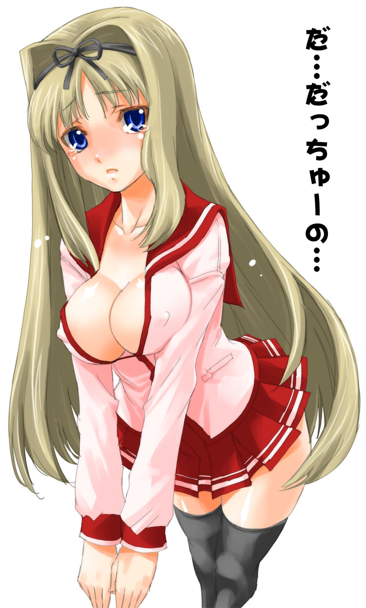 shinama, kusugawa sasara, to heart (series), to heart 2, highres, 00s, 1girl, blonde hair, blue eyes, bow, breasts, breasts squeezed together, cleavage, covered erect nipples, female focus, hairband, large breasts, long hair, open clothes, open shirt, ribbon, school uniform, serafuku, shirt, simple background, solo, tears, thighhighs, white background, zettai ryouiki