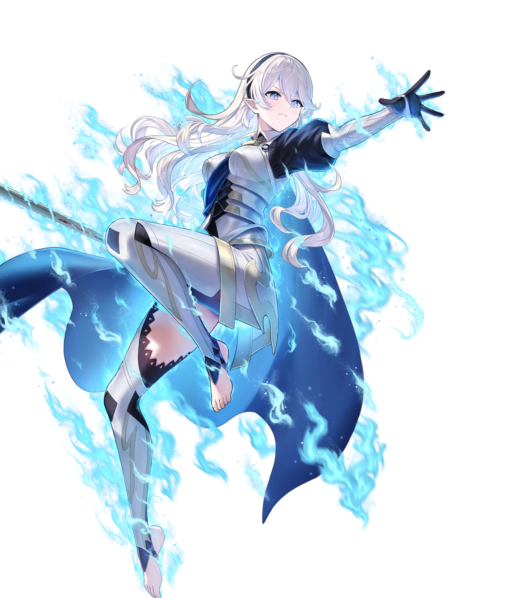 kousei horiguchi, female corrin (emblem) (fire emblem), female corrin (fire emblem), fire emblem, fire emblem engage, fire emblem fates, fire emblem heroes, nintendo, highres, non-web source, official art, 1girl, alternate eye color, attack, aura, barefoot, black gloves, blue cape, cape, gloves, grey hair, hairband, holding, holding sword, holding weapon, knee up, long hair, pointy ears, solo, sword, transparent background, v-shaped eyebrows, weapon, yato (fire emblem)