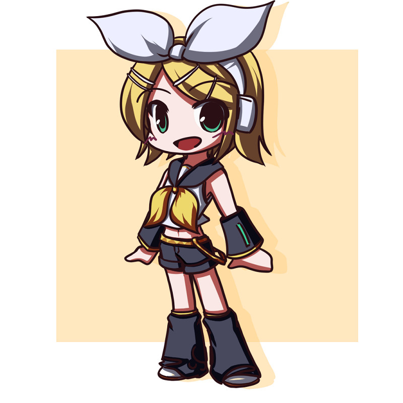 fictional sister, kagamine rin, vocaloid, blonde hair, chibi, detached sleeves, green eyes, headphones, ribbon, short hair, solo