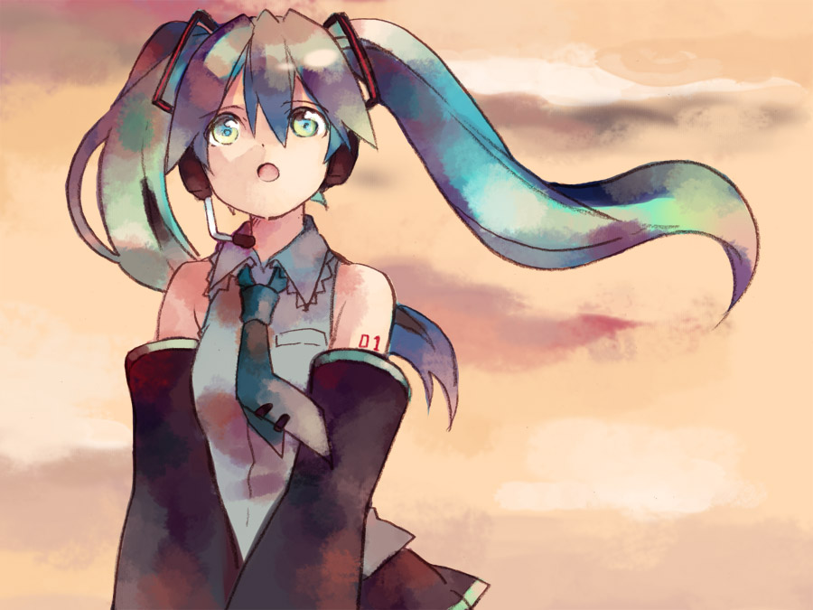 shatiko, hatsune miku, vocaloid, bad id, bad pixiv id, detached sleeves, headset, necktie, solo, twintails