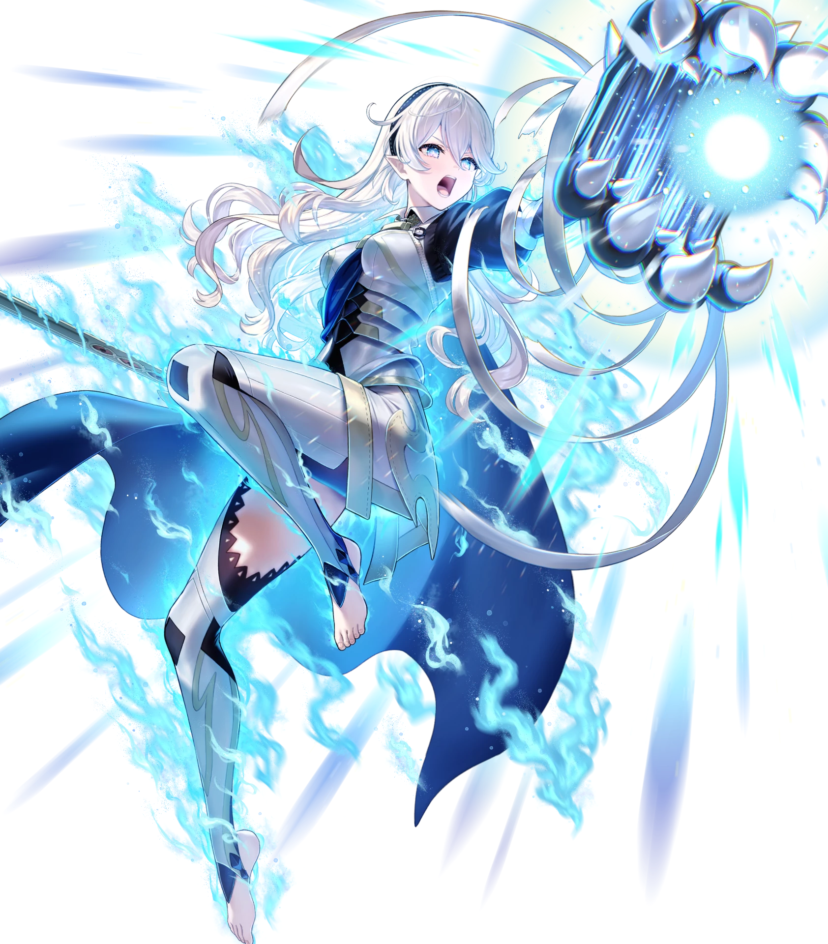 kousei horiguchi, female corrin (emblem) (fire emblem), female corrin (fire emblem), fire emblem, fire emblem engage, fire emblem fates, fire emblem heroes, nintendo, highres, non-web source, official art, 1girl, alternate eye color, attack, aura, barefoot, black gloves, blue cape, cape, energy ball, gloves, grey hair, hairband, holding, holding sword, holding weapon, long hair, open mouth, partial transformation, pointy ears, solo, sword, v-shaped eyebrows, weapon, yato (fire emblem)