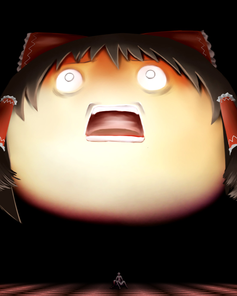 sin moriyama, hakurei reimu, yukkuri reimu, touhou, bad id, bad pixiv id, 1boy, 1girl, dark, floating, giant, nude, what, yukkuri shiteitte ne