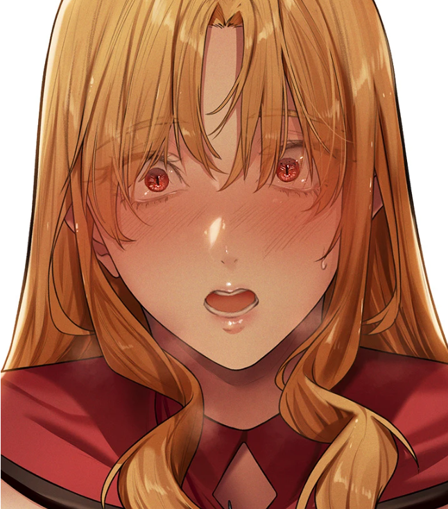 hplay, highres, 1girl, blonde hair, blush, cape, close-up, hair over eyes, lips, long hair, looking at viewer, open mouth, parted bangs, portrait, red cape, red eyes, simple background, solo, sweat, sweatdrop, teeth, white background, wide-eyed