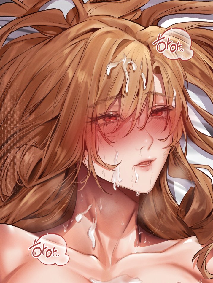 hplay, highres, 1girl, aftersex, blush, breasts, brown hair, collarbone, completely nude, cum, cum on body, cum on breasts, cum on hair, cum on upper body, empty eyes, facial, hair spread out, korean text, large breasts, long hair, lying, nude, on back, open mouth, parted lips, red eyes, solo, sweat