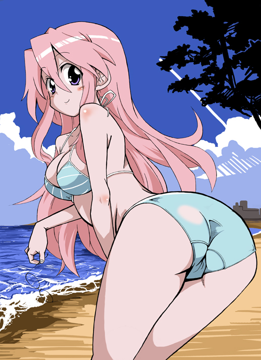 honky, takara miyuki, lucky star, 00s, 1girl, ass, beach, bikini, breasts, cleavage, cloud, day, female focus, long hair, looking back, medium breasts, no eyewear, outdoors, pink hair, purple eyes, solo, swimsuit, wedgie