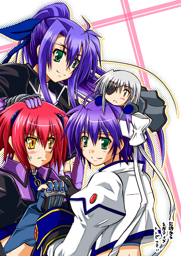 cinque (nanoha), ginga nakajima, nove (nanoha), numbers (nanoha), revolver knuckle, subaru nakajima, lyrical nanoha, mahou shoujo lyrical nanoha, mahou shoujo lyrical nanoha strikers, silver hair, 00s, 4girls, blush, chibi, eyepatch, fingerless gloves, gloves, green eyes, headband, holding hands, long hair, multiple girls, ponytail, purple hair, red hair, short hair, siblings, sisters, smile, sweatdrop, yellow eyes