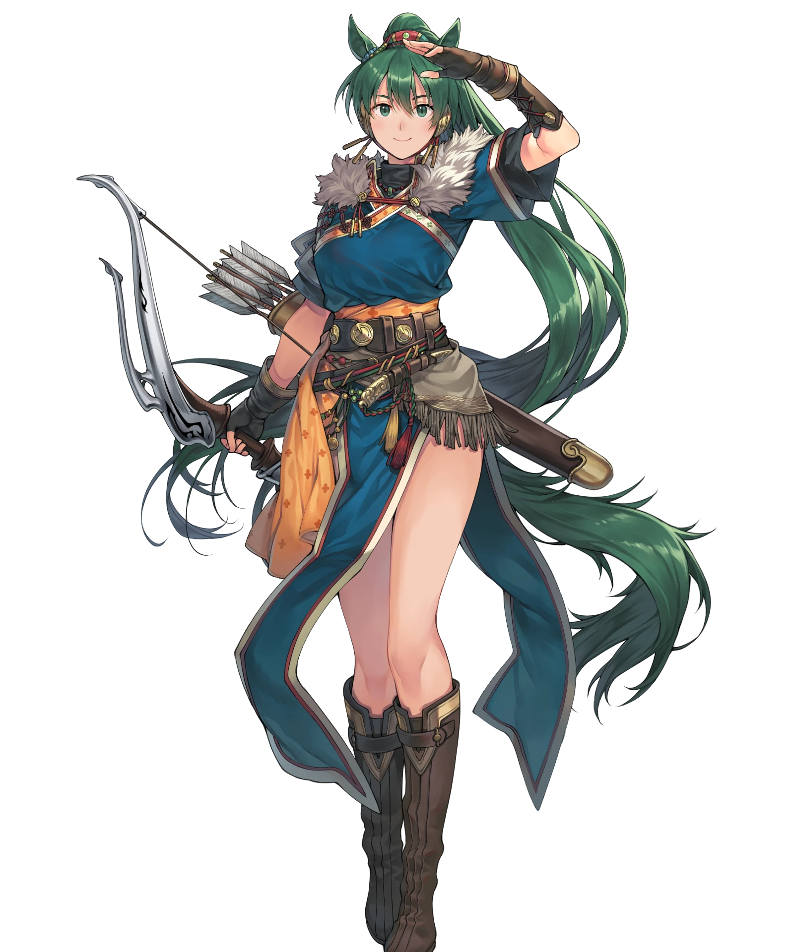 lyn (fire emblem), lyn (plains wind) (fire emblem), fire emblem, fire emblem: the blazing blade, fire emblem heroes, fire emblem shadows, nintendo, highres, non-web source, 1girl, animal ears, boots, bow (weapon), brown gloves, fingerless gloves, gloves, green eyes, green hair, horse ears, horse girl, long hair, looking at viewer, pelvic curtain, ponytail, quiver, smile, solo, tachi-e, very long hair, weapon