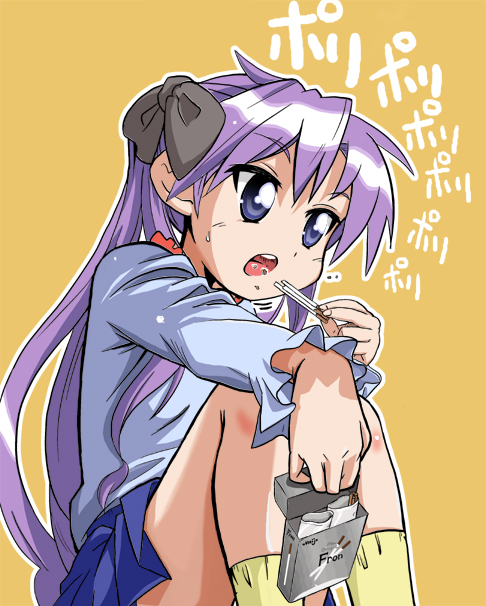 honky, hiiragi kagami, lucky star, 00s, blue eyes, casual, eating, food, hair ribbon, long hair, pocky, purple hair, ribbon, sitting, solo, twintails