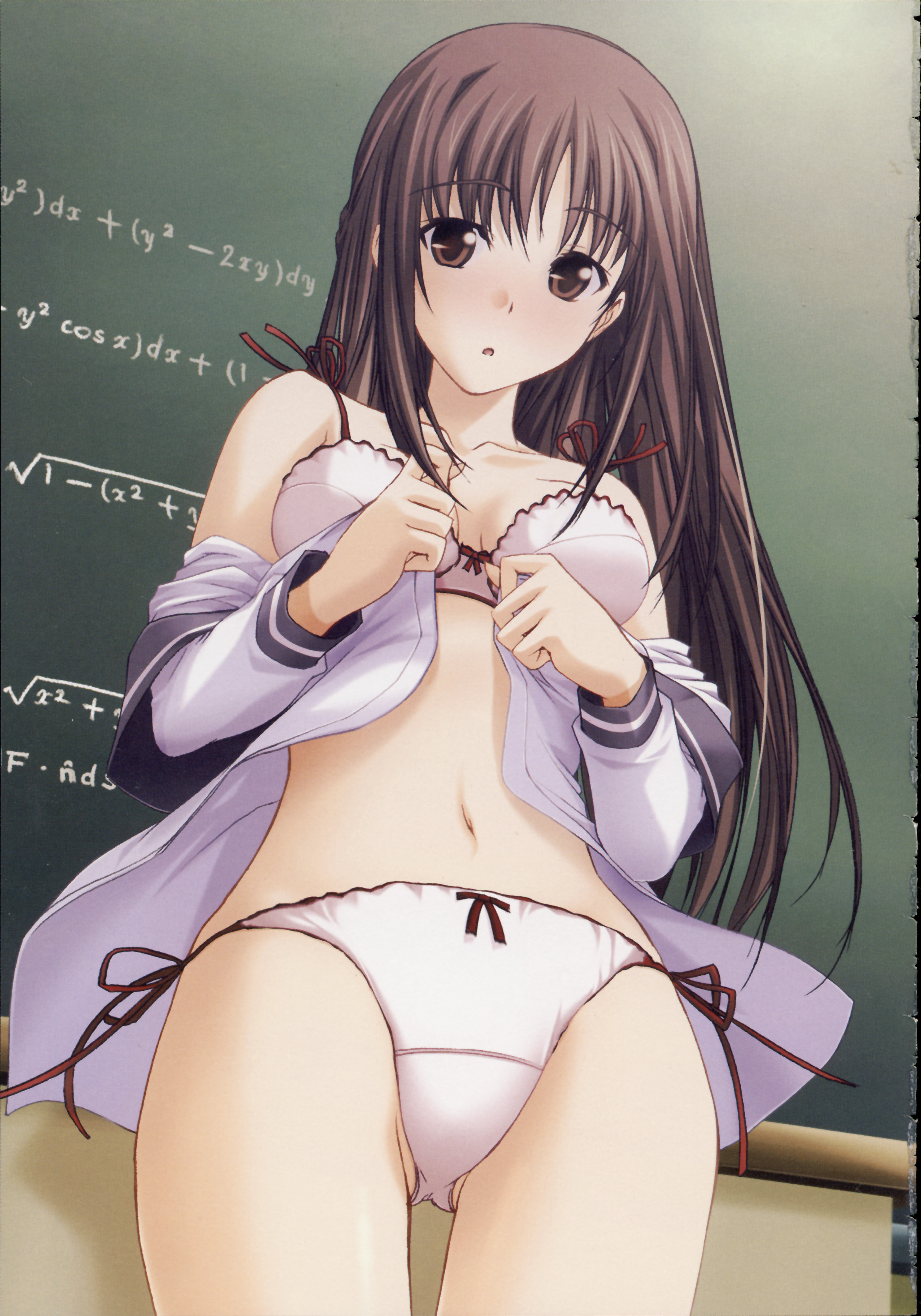 kawagishi keitarou, hizuki ayumi, ringetsu, shin ringetsu, absurdres, highres, 00s, 1girl, bow, bow bra, bow panties, bra, chalkboard, female focus, lingerie, long hair, panties, school uniform, serafuku, side-tie panties, solo, underwear, undressing, white bra, white panties