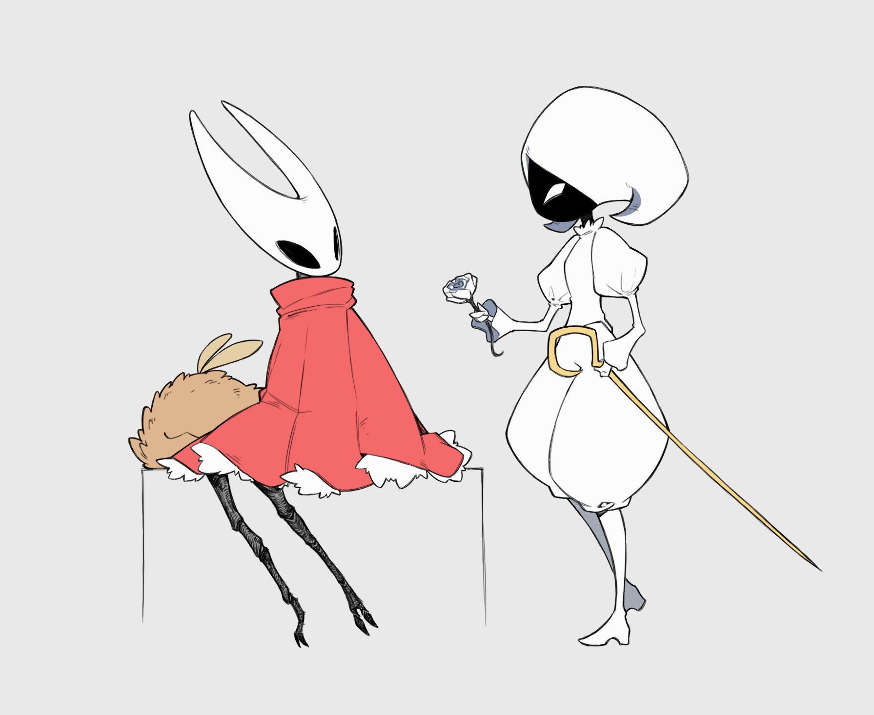 frze18, flea (hollow knight), hornet (kancolle), lace (hollow knight), hollow knight, hollow knight: silksong, commentary, english commentary, highres, 2girls, :3, arthropod girl, cloak, flower, grey background, holding, holding flower, multiple girls, no humans, red cloak, rose, simple background, sitting, standing, white flower, white rose
