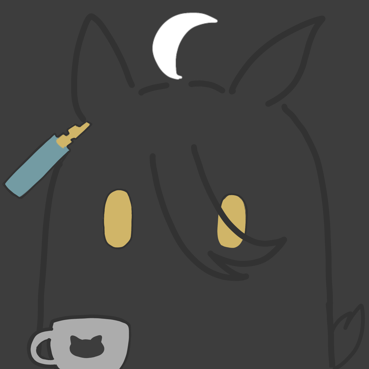 kawamochi (tddm3573), manhattan cafe (umamusume), umamusume, highres, ahoge, animal ears, black background, black hair, cup, eyes visible through hair, hair between eyes, horse ears, horse tail, simple background, solo, tail, upper body, white hair, yellow eyes