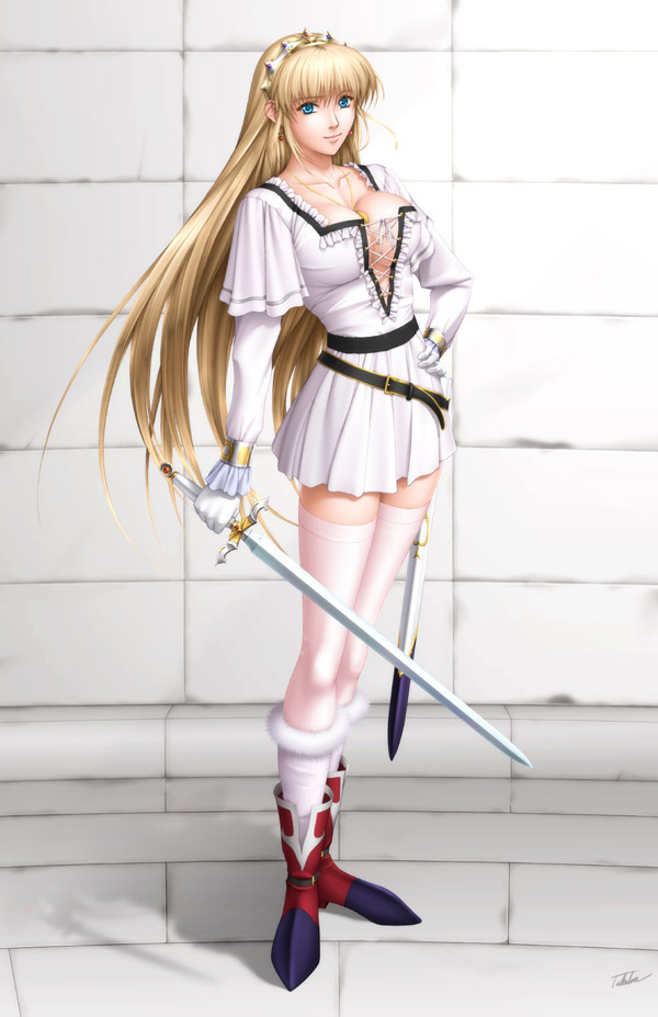 takatan, sharon (words worth), words worth, 1girl, artist name, belt, between breasts, blonde hair, blue eyes, blush, boots, breasts, collarbone, earrings, female focus, hand on own hip, jewelry, large breasts, long hair, looking at viewer, pendant, shadow, smile, solo, standing, sword, thighhighs, very long hair, weapon, zettai ryouiki