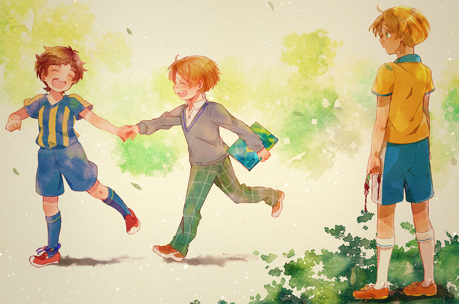 aoya (ayoyame18), jinnai enta, yasaka kazuki, sarazanmai, 2boys, aged down, blue shorts, blue socks, brown hair, brown shoes, collared shirt, full body, grey sweater, happy, holding bracelet, holding hands, male focus, multiple boys, open mouth, red shoes, round eyewear, shirt, shoes, short hair, short sleeves, shorts, soccer uniform, socks, sportswear, striped clothes, striped shirt, sweater, time paradox, walking, white socks, yellow shorts