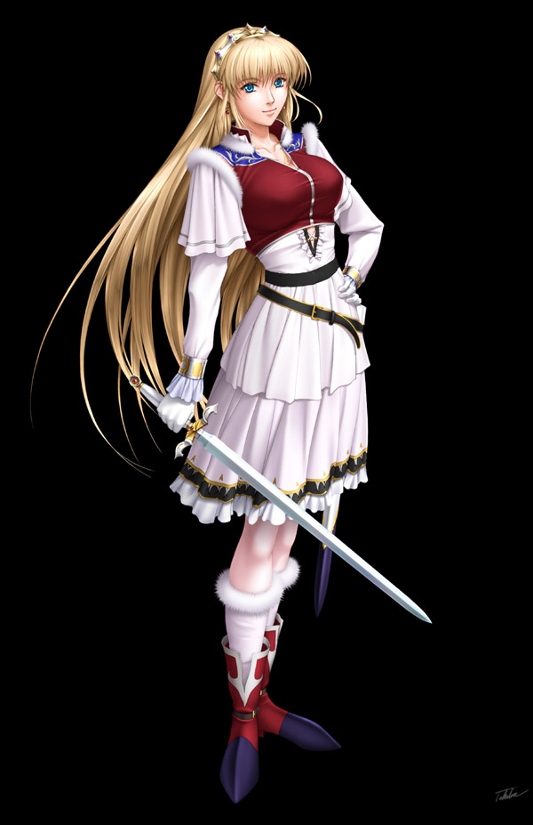 takatan, sharon (words worth), words worth, 1girl, blonde hair, blue eyes, dress, female focus, long hair, simple background, solo, sword, very long hair, weapon