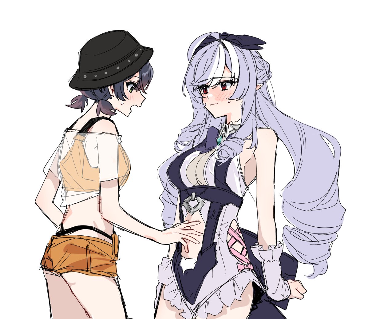 danji bang, belle (summer skies) (zenless zone zero), belle (zenless zone zero), vivian banshee, zenless zone zero, commentary request, korean commentary, 2girls, bikini, black bikini, black hat, blue hair, blush, breasts, closed mouth, drill hair, frilled one-piece swimsuit, frills, hand on another's stomach, hat, long hair, low twintails, medium breasts, multiple girls, one-piece swimsuit, open mouth, orange shorts, pointy ears, purple hair, red eyes, see-through clothes, see-through shirt, shirt, short hair, short twintails, shorts, simple background, sweat, swimsuit, twintails, vivian banshee (iris of the shore), white background, yuri