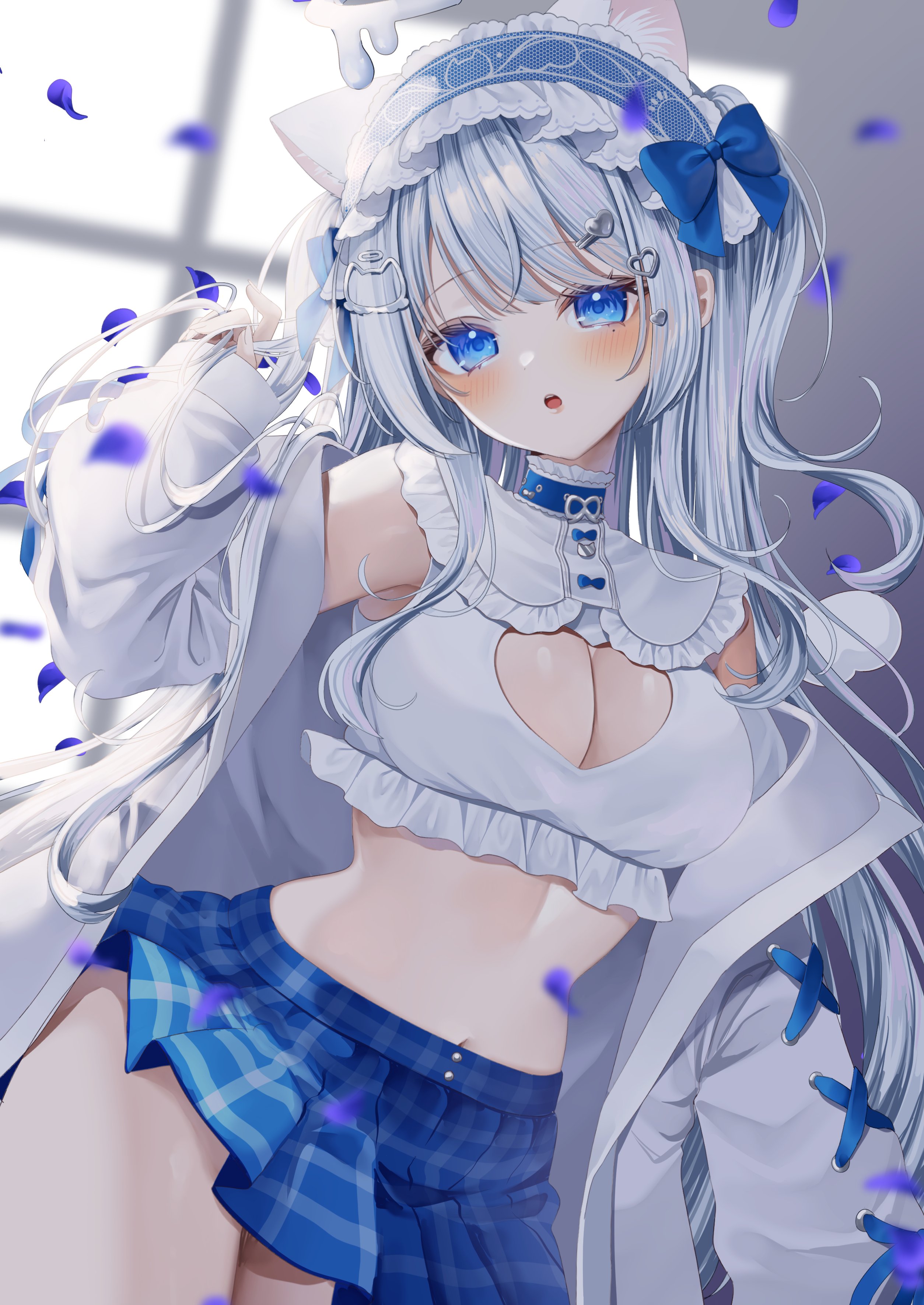 ohagetty, indie virtual youtuber, absurdres, highres, second-party source, 1girl, :o, animal ears, armpits, bare shoulders, blue choker, blue eyes, blue skirt, breasts, cat ears, choker, cleavage, cleavage cutout, clothing cutout, cowboy shot, crop top, frilled shirt collar, frills, hair ornament, hairclip, hand up, headdress, heart cutout, jacket, large breasts, long hair, long sleeves, looking at viewer, midriff, miniskirt, mole, mole under eye, navel, nekone uyu, off shoulder, open clothes, open jacket, open mouth, petals, plaid clothes, plaid skirt, pleated skirt, shirt, skirt, sleeveless, sleeveless shirt, solo, two side up, virtual youtuber, white hair, white jacket, white shirt