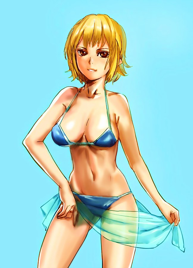bow (bhp), original, bikini, blonde hair, breasts, brown eyes, large breasts, short hair, solo, swimsuit