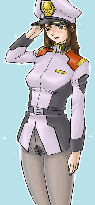 uraharukon, murrue ramius, gundam, gundam seed, 00s, 1girl, blush, brown eyes, brown hair, crotch seam, female focus, female pubic hair, hat, military, military uniform, no panties, pantyhose, peaked cap, pubic hair, salute, solo