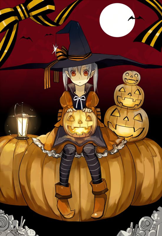 jan (12885), original, silver hair, bad id, bad pixiv id, 1girl, bat (animal), black pantyhose, black thighhighs, female focus, full moon, halloween, hat, hat ribbon, jack-o'-lantern, lantern, moon, orange eyes, orange shoes, pantyhose, patterned legwear, pointy ears, pumpkin, red background, ribbon, shoes, sitting, solo, striped clothes, striped pantyhose, striped ribbon, striped thighhighs, thighhighs, twintails, witch hat