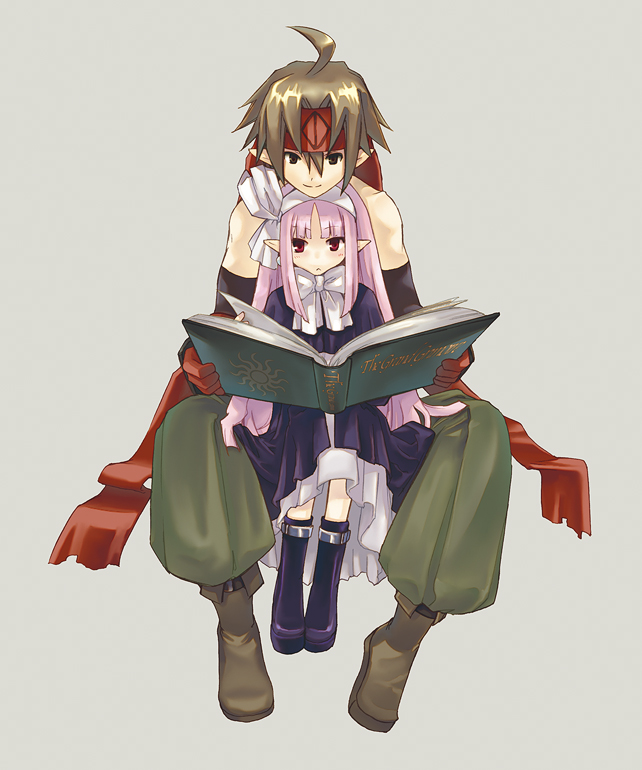kumazm, kumako (poch4n), mage (disgaea), male warrior (disgaea), warrior (disgaea), disgaea, nippon ichi, 1boy, 1girl, book, brown hair, dress, gloves, headband, long hair, pink hair, pointy ears, red eyes, ribbon, short hair, sitting