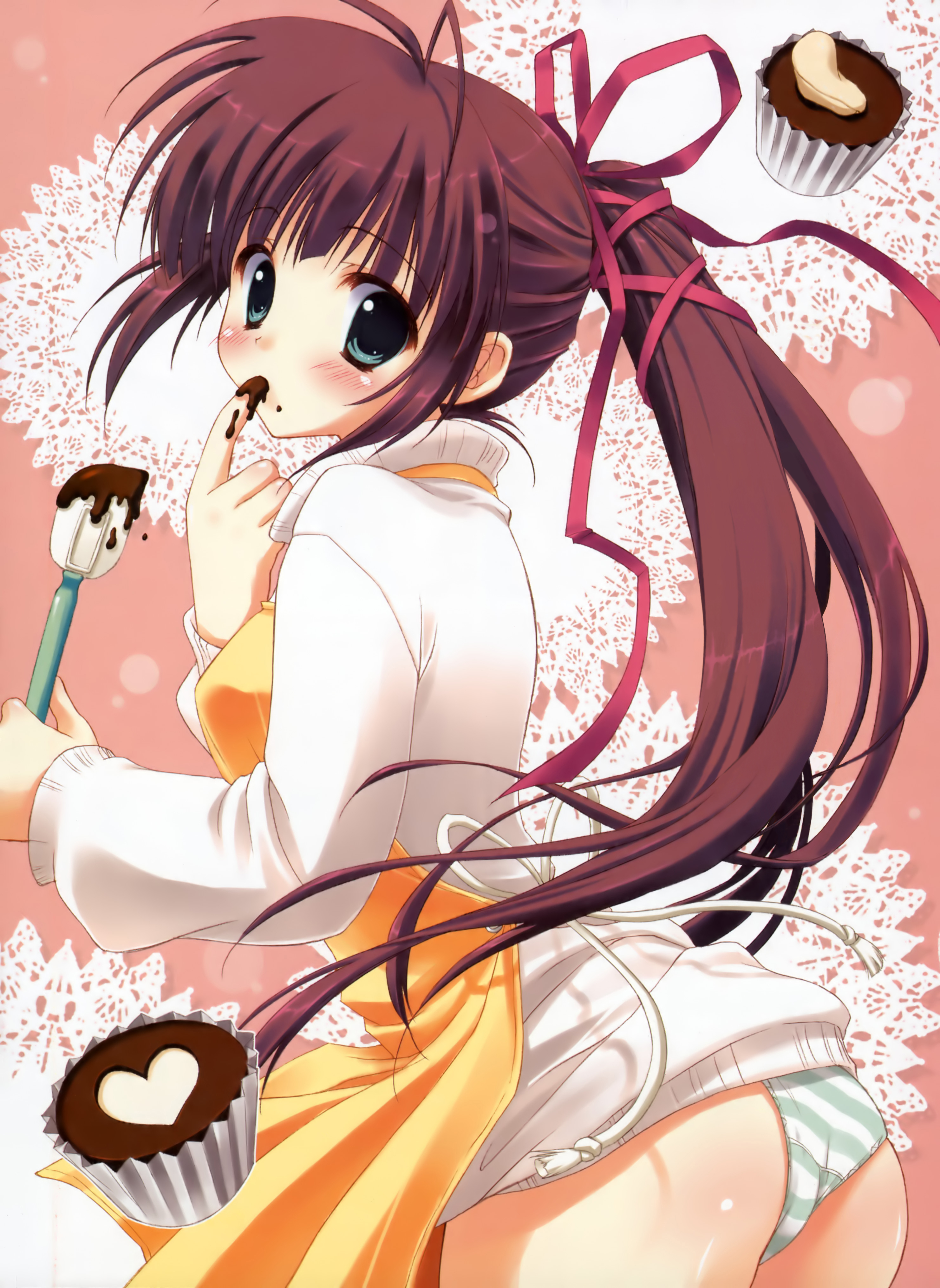 ryouka (suzuya), nagase minato, akane-iro ni somaru saka, absurdres, detexted, highres, third-party edit, 1girl, apron, ass, blush, brown hair, cake, chocolate, female focus, finger in own mouth, finger sucking, food, green eyes, long hair, looking at viewer, no pants, panties, pastry, ponytail, ribbon, solo, striped clothes, striped panties, underwear