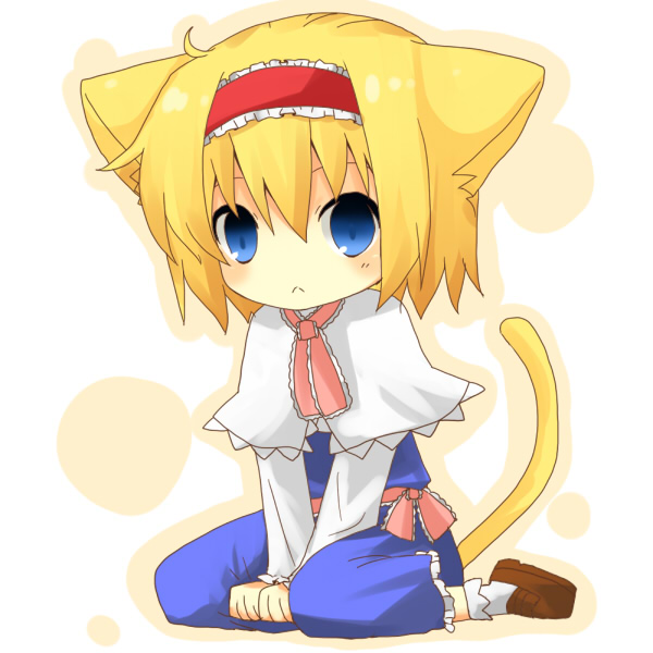 yuzuki (yuduame), alice margatroid, touhou, 1girl, :<, animal ears, blonde hair, blue eyes, cat ears, cat girl, cat tail, female focus, hairband, solo, tail