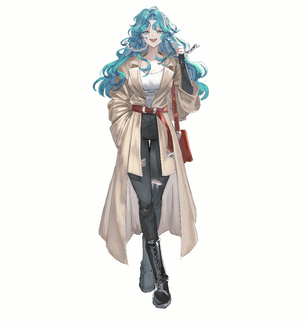mmihpyy, hissabeth, reverse:1999, 1girl, :d, adjusting hair, alternate costume, bag, belt, black boots, black pants, blue hair, boots, breasts, brown coat, casual, cleavage, coat, crossed legs, full body, green eyes, hand in pocket, hand up, lace-up boots, long hair, looking at viewer, open mouth, pants, pants tucked in, red bag, red belt, shirt, shoulder bag, smile, snake, snake on head, solo, standing, torn clothes, torn pants, watson cross, wavy hair, white background, white shirt