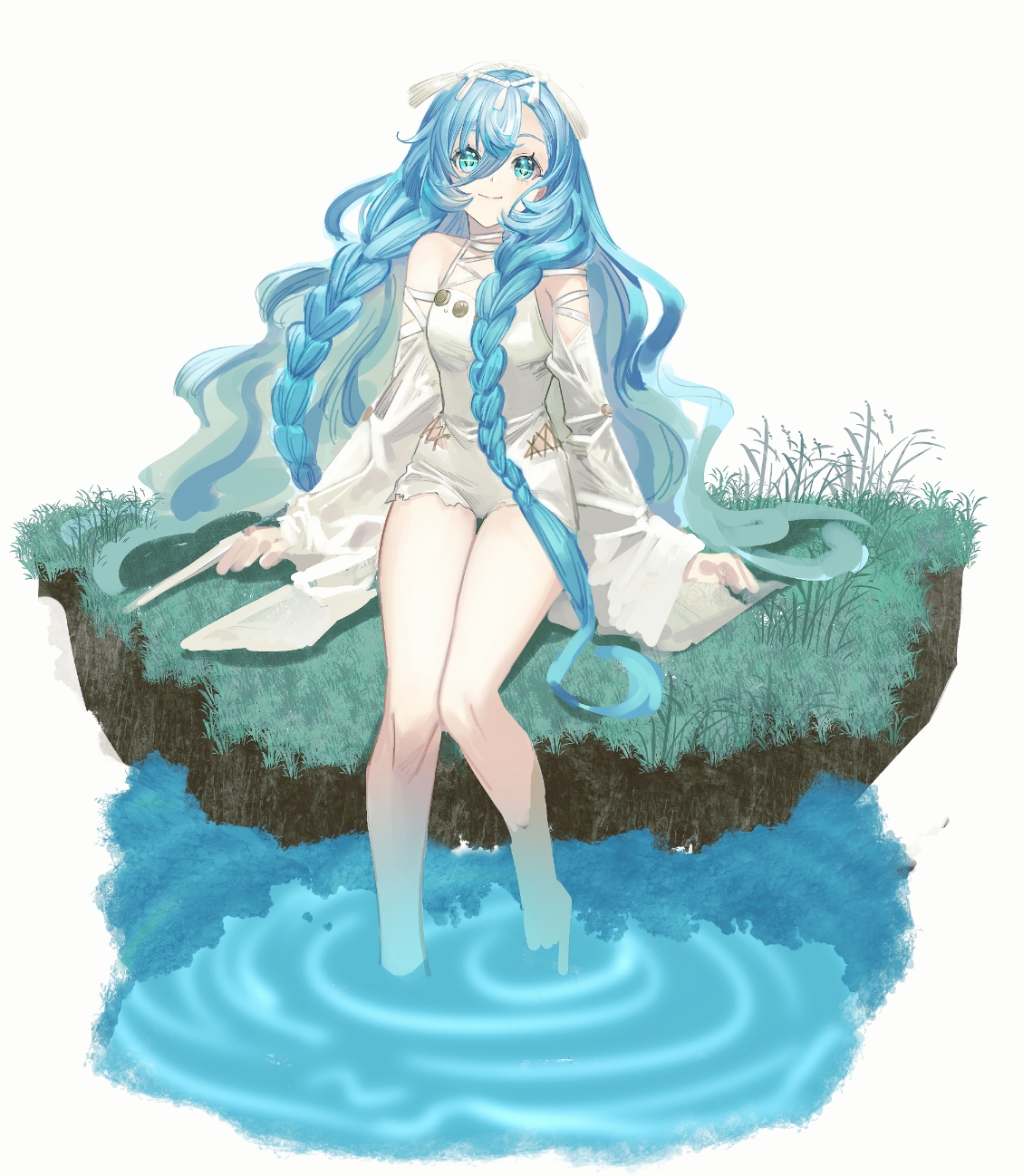 mmihpyy, 37 (down in the grotto) (reverse:1999), 37 (reverse:1999), reverse:1999, highres, + +, 1girl, arm support, bare legs, bare shoulders, blue eyes, blue hair, braid, cape, closed mouth, detached sleeves, hair between eyes, hair ornament, long hair, looking at viewer, official alternate costume, on grass, one-piece swimsuit, ripples, sitting, smile, soaking feet, solo, swimsuit, twin braids, very long hair, water, white background, white cape, white one-piece swimsuit, white sleeves