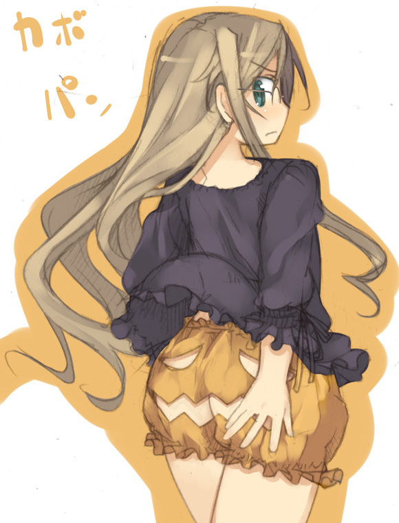 kashiwamochi yomogi, arima senka, original, 1girl, back, bloomers, brown hair, female focus, glasses, green eyes, hinnuu-san, jack-o'-lantern, long hair, looking back, pumpkin, pumpkin-shaped pants, solo, underwear