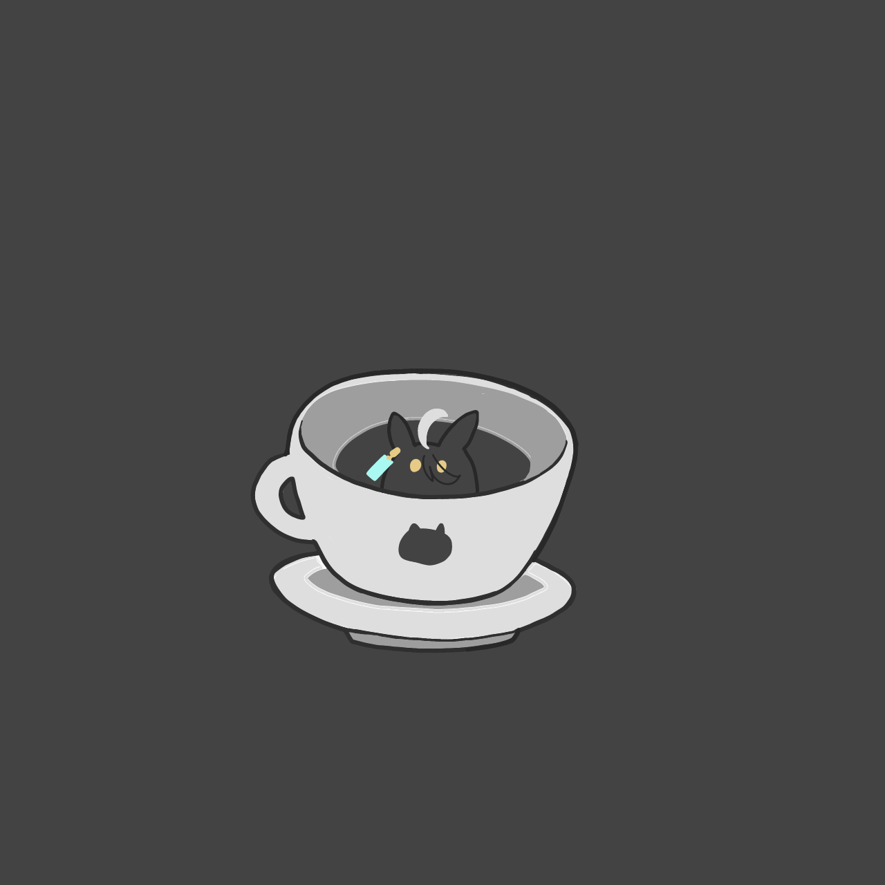 kawamochi (tddm3573), manhattan cafe (umamusume), umamusume, highres, ahoge, animal ears, black hair, coffee, cup, eyes visible through hair, grey background, hair between eyes, horse ears, in container, in cup, looking at viewer, simple background, solo, white hair, yellow eyes