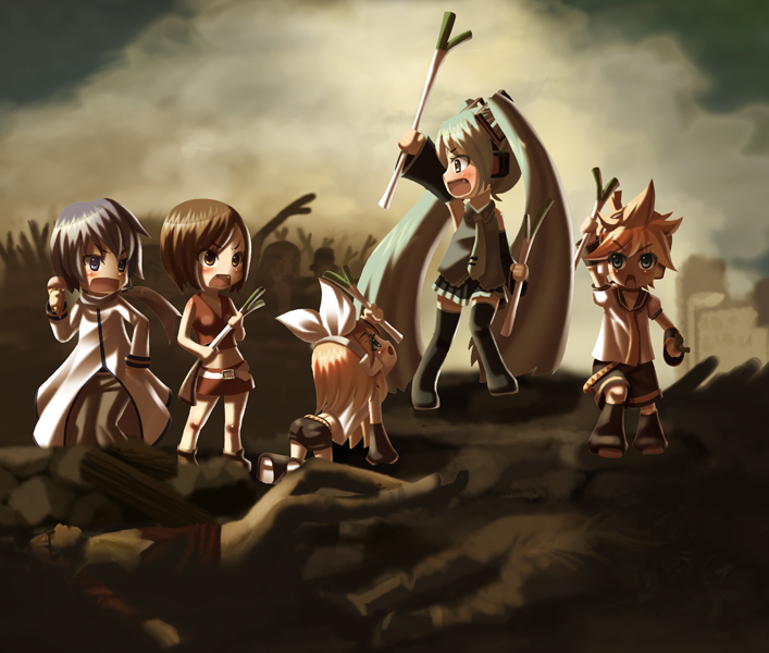 terumii, hatsune miku, kagamine len, kagamine rin, kaito (vocaloid), meiko (vocaloid), liberty leading the people, vocaloid, bad id, bad pixiv id, 2boys, 3girls, brother and sister, chibi, fine art parody, multiple boys, multiple girls, parody, siblings, spring onion, thighhighs, twins, twintails