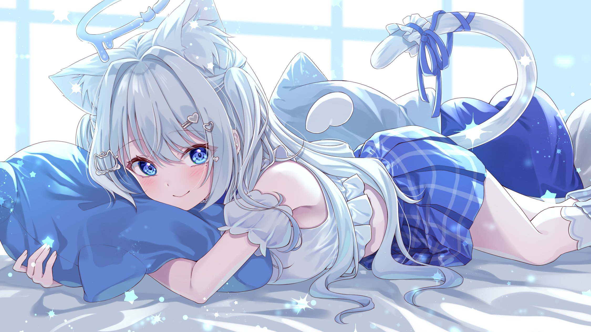 mogu (au1127), indie virtual youtuber, highres, 1girl, animal ear fluff, animal ears, bare shoulders, bed sheet, blue eyes, blue skirt, blush, breasts, cat ears, cat girl, cat tail, closed mouth, crop top, detached sleeves, extra ears, hair ornament, hairclip, halo, hugging object, kneehighs, long hair, looking at viewer, lying, medium breasts, midriff, miniskirt, mole, mole under eye, nekone uyu, no jacket, on stomach, pillow, pillow hug, pleated skirt, ribbon, shirt, short sleeves, skirt, sleeveless, sleeveless shirt, smile, socks, solo, tail, tail ornament, tail raised, tail ribbon, two side up, very long hair, virtual youtuber, white hair, white shirt, white socks