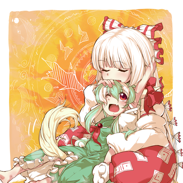 hidori (hibi toridori), ex-keine, fujiwara no mokou, kamishirasawa keine, touhou, 2girls, aged down, arm up, barefoot, between legs, blunt bangs, bow, closed eyes, dress, fang, female focus, green hair, hair bow, hand on another's head, headpat, hime cut, horn ornament, horn ribbon, horns, large bow, looking back, multiple girls, ofuda, one eye closed, pants, ribbon, sitting, sitting on lap, sitting on person, tail, tail between legs, white hair, wink