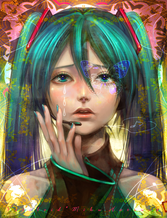 zain, hatsune miku, vocaloid, bad id, bad pixiv id, 1girl, aqua eyes, aqua hair, aqua nails, bug, butterfly, female focus, insect, nail polish, realistic, solo, twintails