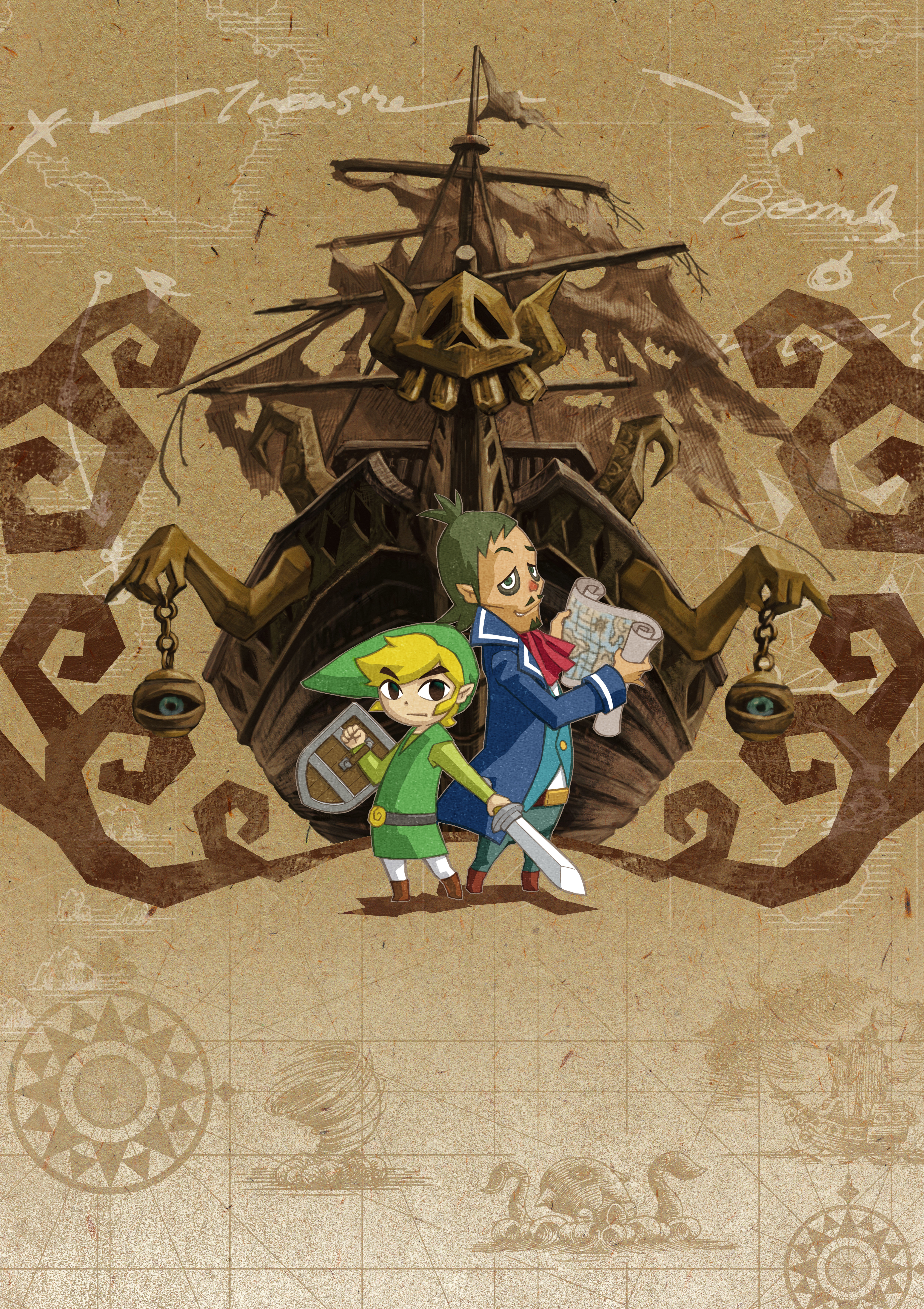 linebeck, link, toon link, nintendo, the legend of zelda, the legend of zelda: phantom hourglass, absurdres, highres, official art, 2boys, black eyes, blonde hair, elf, hat, holding, holding sword, holding weapon, male focus, map, multiple boys, pointy ears, shield, ship, sword, watercraft, weapon