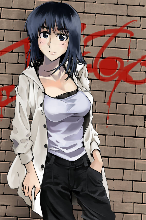cosaten, suou mikoto (school rumble), school rumble, 00s, 1girl, blush, breasts, brick wall, buckle, buttons, collarbone, female focus, graffiti, jacket, large breasts, long sleeves, looking at viewer, open clothes, open jacket, pants, short hair, solo, thick eyebrows, unbuttoned, upper body