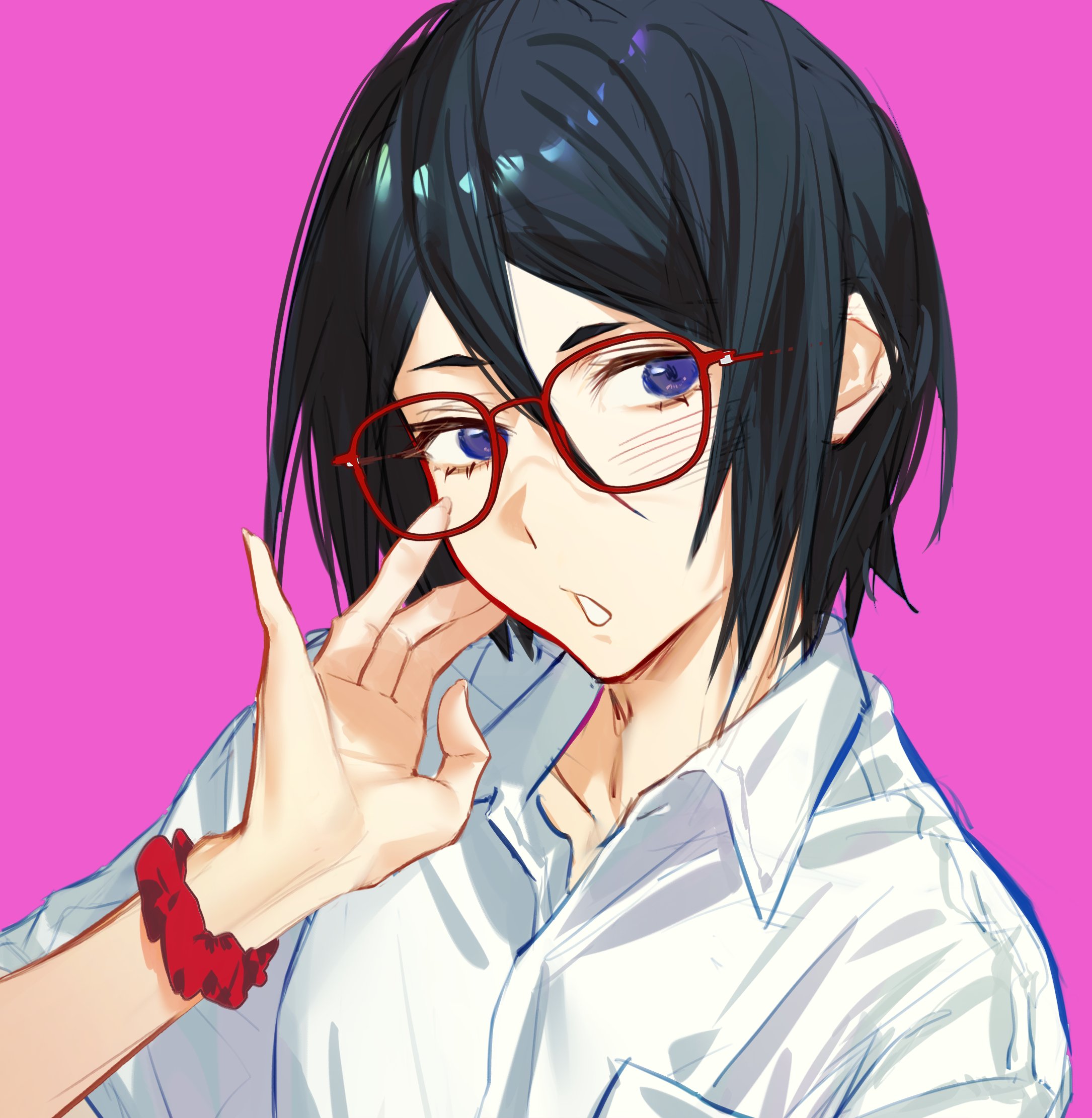 ihsekodwww, kuchiki rukia, bleach, bleach: sennen kessen-hen, highres, 1girl, adjusting eyewear, black hair, blouse, blue eyes, blue hair, breasts, collarbone, female focus, glasses, light blush, medium hair, parted lips, scrunchie, shirt, simple background, small breasts, teeth, upper body, wrist scrunchie