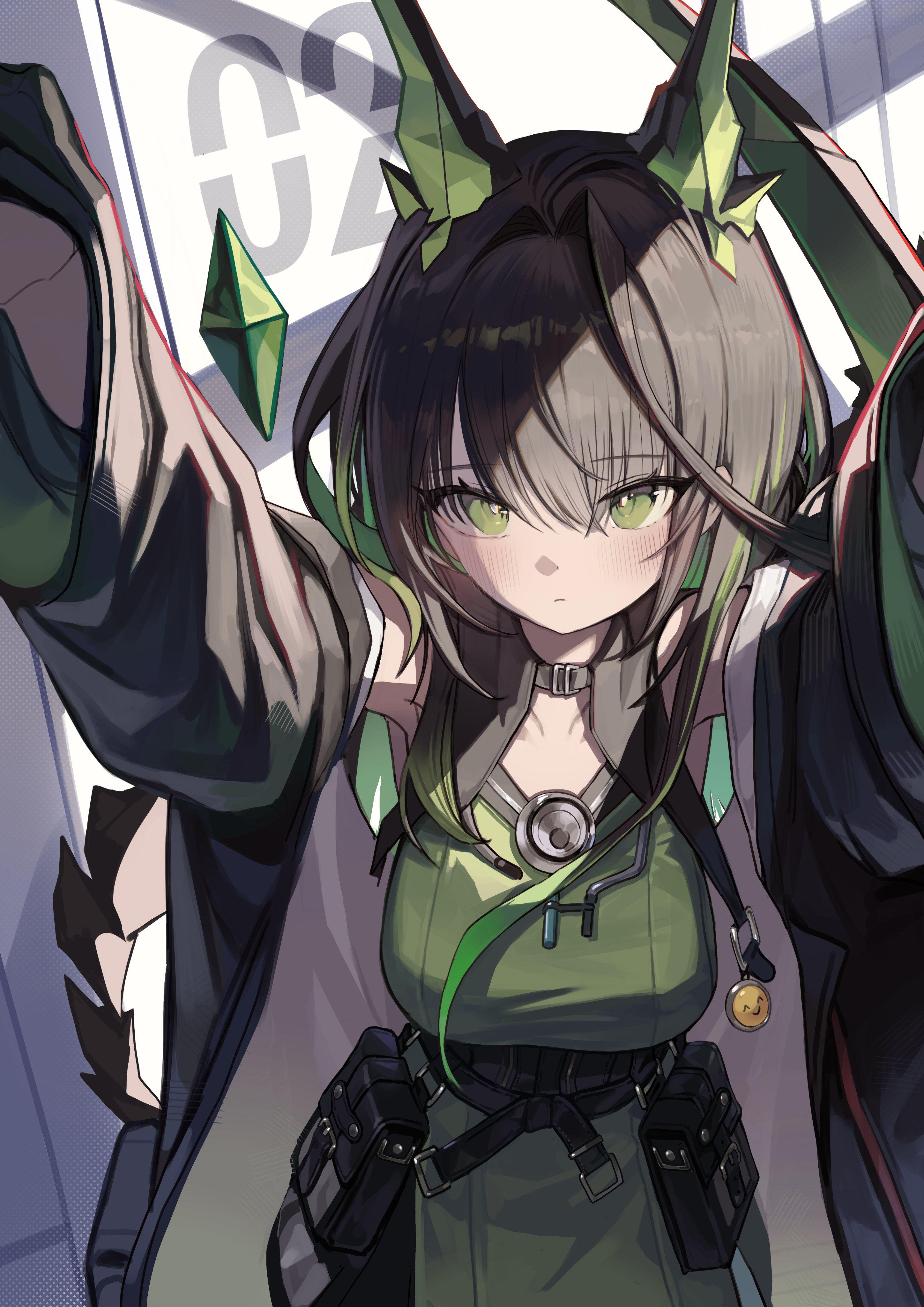 seorang, mon3tr (arknights), arknights, absurdres, commentary, highres, 1girl, ahoge, arms up, bare shoulders, belt pouch, black collar, black hair, black jacket, blush, breasts, closed mouth, collar, collarbone, colored inner hair, crystal horns, crystal tail, detached collar, dress, emoji, green dress, green eyes, green hair, green streaks, hair between eyes, huge ahoge, jacket, large breasts, long hair, long sleeves, looking at viewer, multicolored hair, off shoulder, open clothes, open jacket, pouch, reaching, reaching towards viewer, sidelighting, sidelocks, solo, stethoscope, stethoscope around neck, streaked hair, underbust, upper body