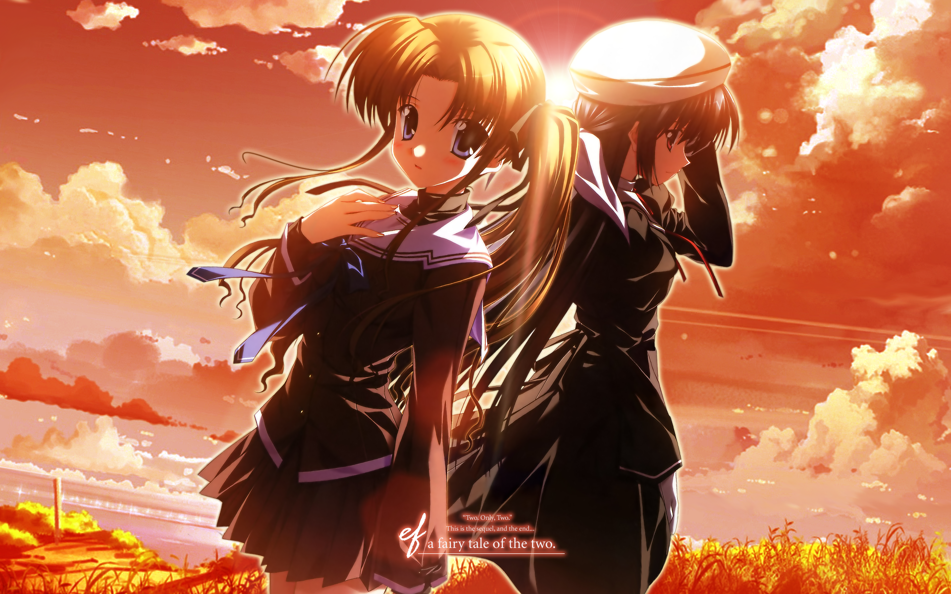 nanao naru, amamiya yuuko, hayama mizuki, ef (visual novel), highres, 00s, 2girls, beret, hat, multiple girls, school uniform, serafuku